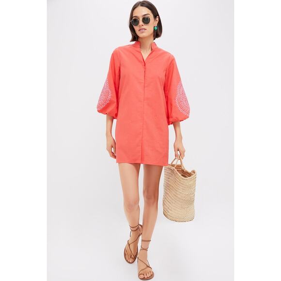 HYACINTH HOUSE Coral with Lavender Embroidery Mini Wisteria Caftan Size XS NWT - Picture 7 of 7